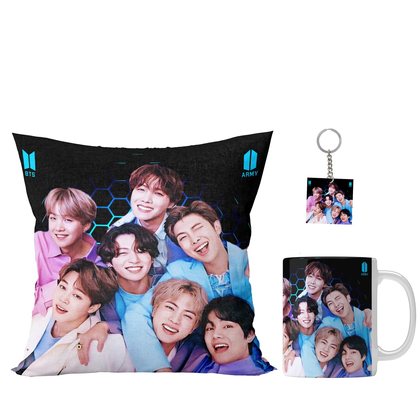 Unbounded Company BTS Army Bangtan Boys Printed Gift Set of Ceramic Mug (330 Ml) Bundled with Cushion Cover (12X12) with Filler and Keychain