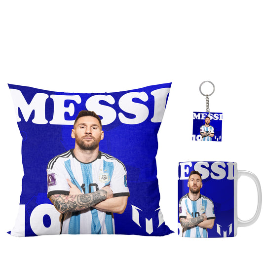 Unbounded Company Messi Simple Blue Printed Gift Set of Ceramic Mug (330 Ml) Bundled with Cushion Cover (12X12) with Filler and Keychain