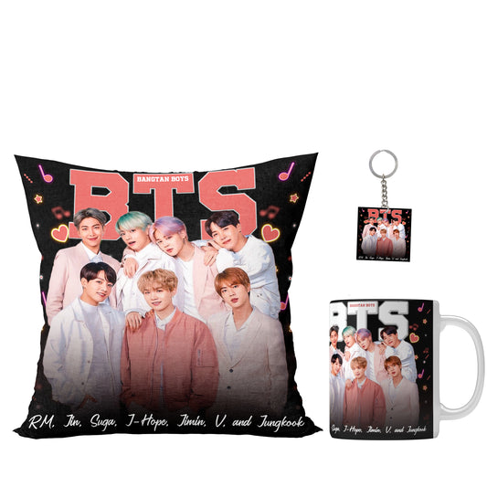 Unbounded Company " BTS Bangtan Boys Printed Gift Set of Ceramic Mug (330 Ml) Bundled with Cushion Cover (12X12) with Filler and Keychain