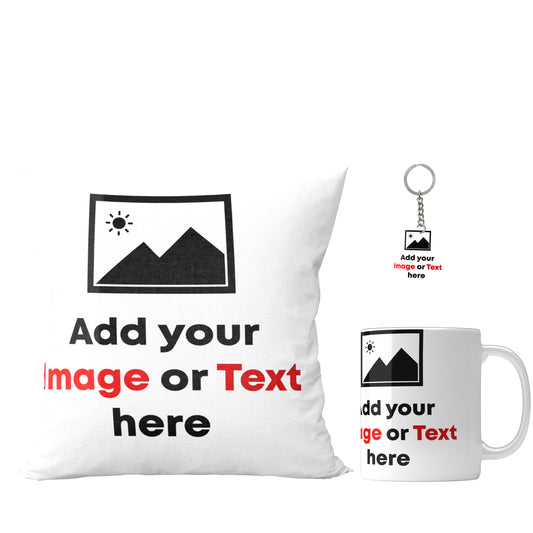 Unbounded Company Personalized Image/Logo Printed Gift Set of Ceramic Mug (325 Ml) Bundled with Cushion Cover ("12X12") with Filler and Keychain