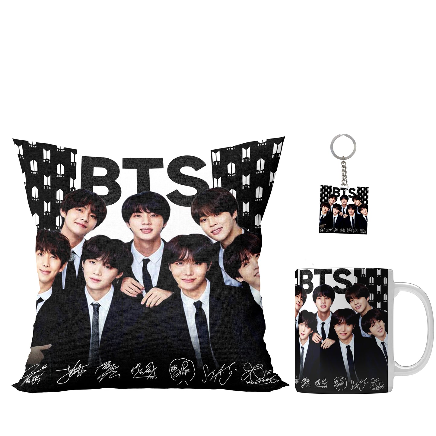 Unbounded Company " Young BTS with Signature Printed Gift Set of Ceramic Mug (330 Ml) Bundled with Cushion Cover (12X12) with Filler and Keychain