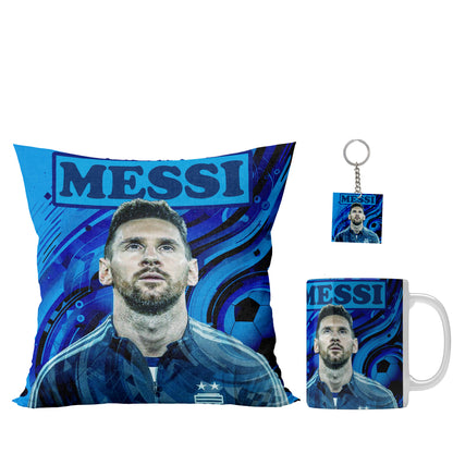 Unbounded Company Messi Abstract BG Printed Gift Set of Ceramic Mug (330 Ml) Bundled with Cushion Cover (12X12) with Filler and Keychain