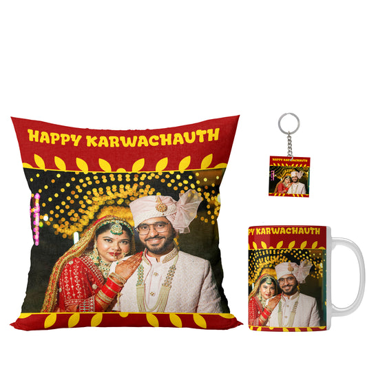 Happy Karva Chauth"  Personalized Image & Name Printed Gift Set of Ceramic Mug (330 Ml) Bundled with Cushion Cover ("12X12") with Filler, Keychain