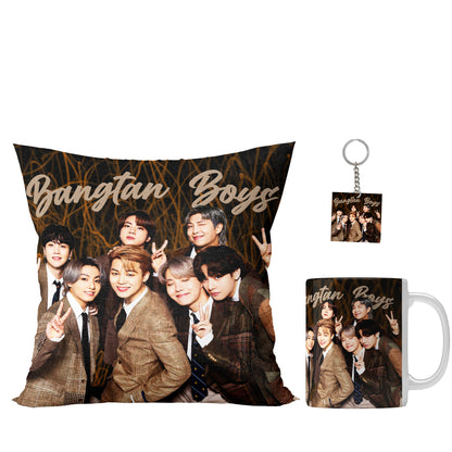 Unbounded Company " Bangtan Boys Special Edition Printed Gift Set of Ceramic Mug (330 Ml) Bundled with Cushion Cover (12X12) with Filler and Keychain