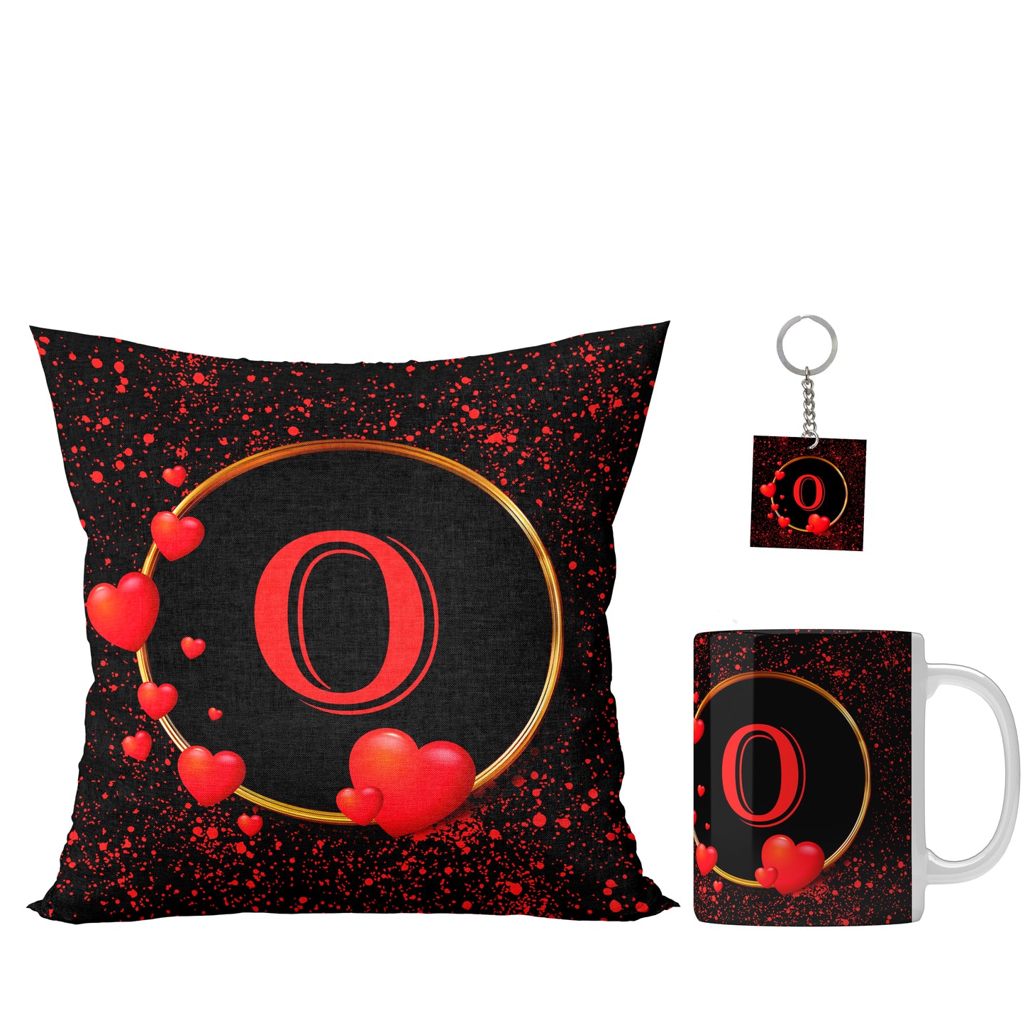 Unbounded Company " O Alphabet" Printed Gift Set of Ceramic Mug (330 Ml) Bundled with Cushion Cover (12X12) with Filler and Keychain