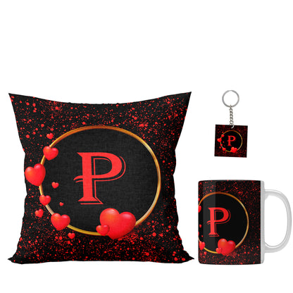 Unbounded Company " P Alphabet Printed Gift Set of Ceramic Mug (330 Ml) Bundled with Cushion Cover (12X12) with Filler and Keychain