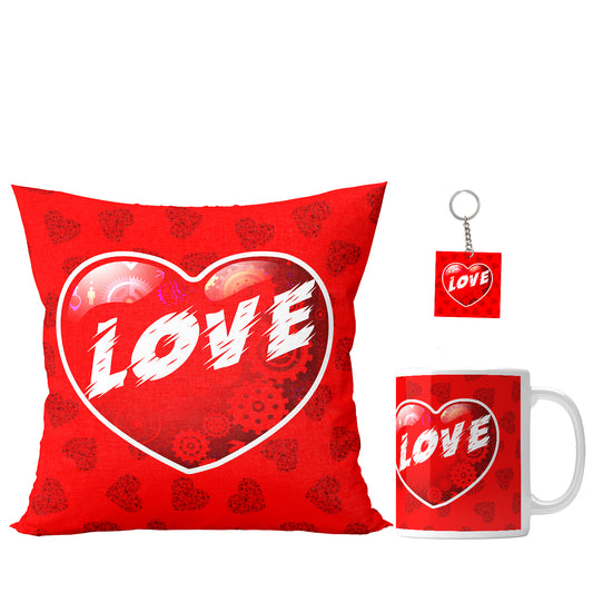 Unbounded Company Love in Heart Printed Gift Set of Ceramic Mug (330 Ml) Bundled with Cushion Cover (12X12) with Filler and Keychain