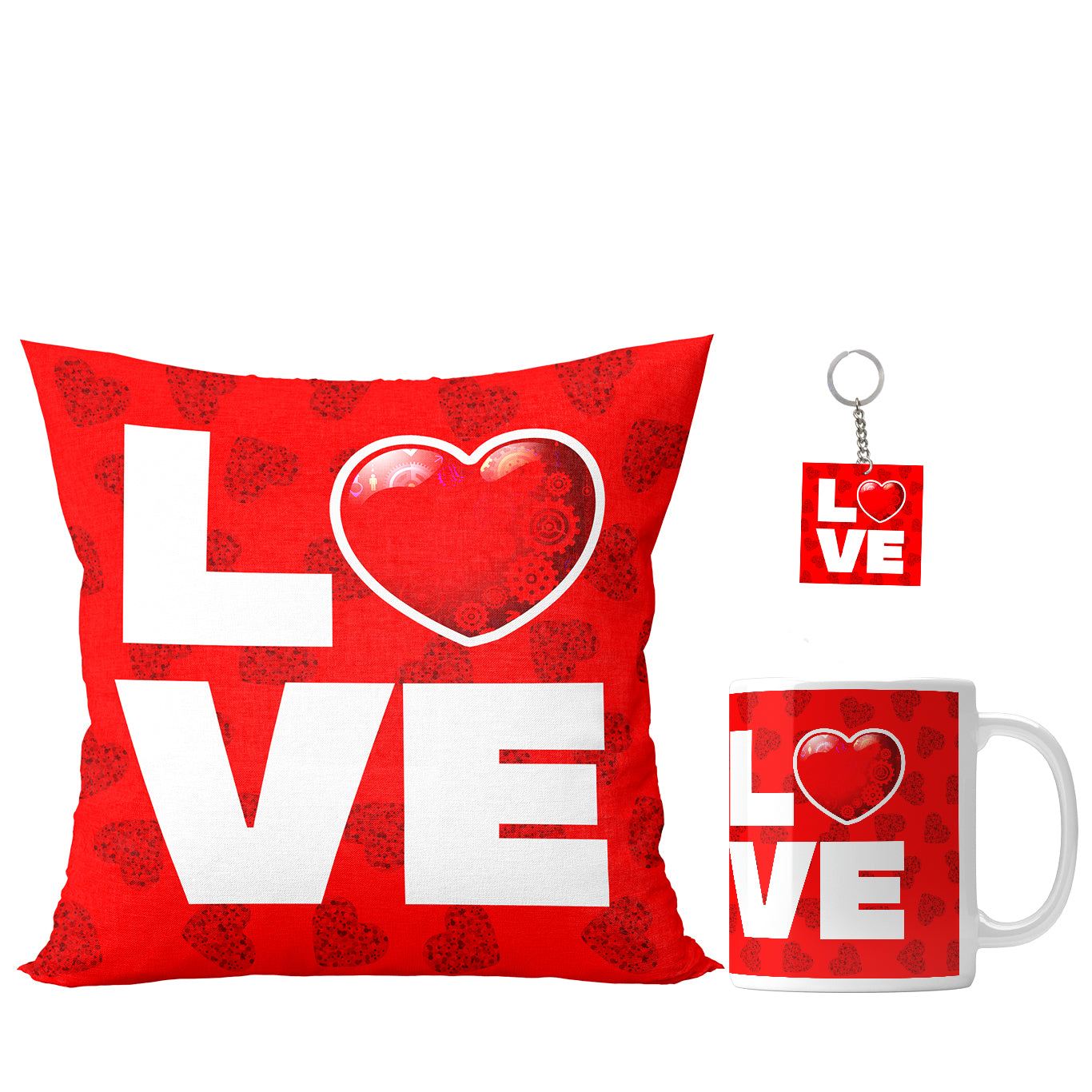 Unbounded Company " Love & Heart " Printed Gift Set of Ceramic Mug (330 Ml) Bundled with Cushion Cover ("12X12") with Filler and Keychain