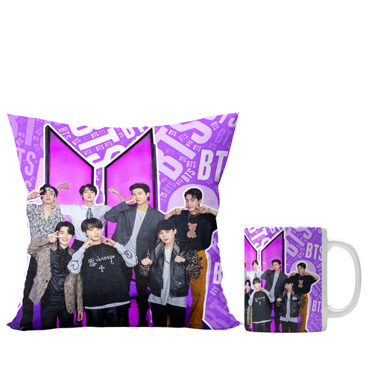 Unbounded Company " BTS Members with Logo & Text Pattern " Printed Gift Set of Ceramic Mug (330 Ml) Bundled with Cushion Cover ("12X12") with Filler