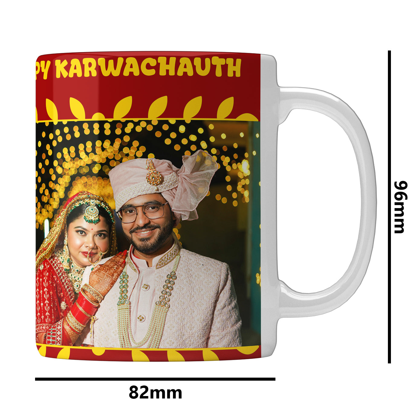 Happy Karva Chauth"  Personalized Image & Name Printed Gift Set of Ceramic Mug (330 Ml) Bundled with Cushion Cover ("12X12") with Filler, Keychain