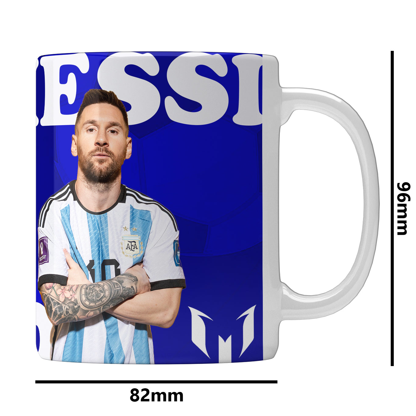 Unbounded Company Messi Simple Blue Printed Gift Set of Ceramic Mug (330 Ml) Bundled with Cushion Cover (12X12) with Filler and Keychain