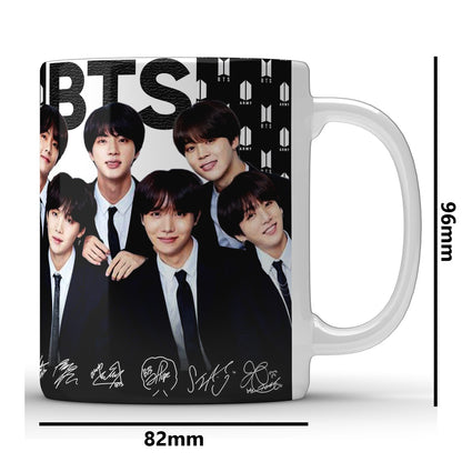 Unbounded Company " Young BTS with Signature Printed Gift Set of Ceramic Mug (330 Ml) Bundled with Cushion Cover (12X12) with Filler and Keychain