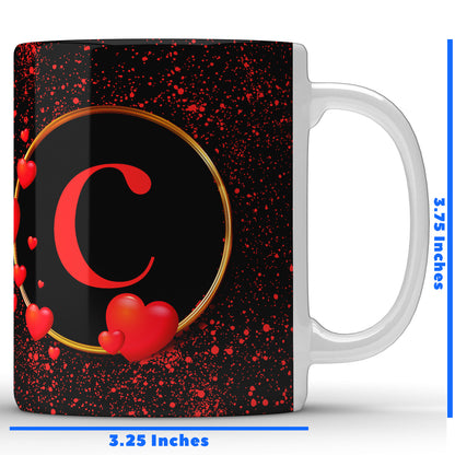 Unbounded Company " C Alphabet " Printed Gift Set of Ceramic Mug (330 Ml) Bundled with Cushion Cover ("12X12") with Filler and Keychain