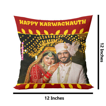 Happy Karva Chauth"  Personalized Image & Name Printed Gift Set of Ceramic Mug (330 Ml) Bundled with Cushion Cover ("12X12") with Filler, Keychain