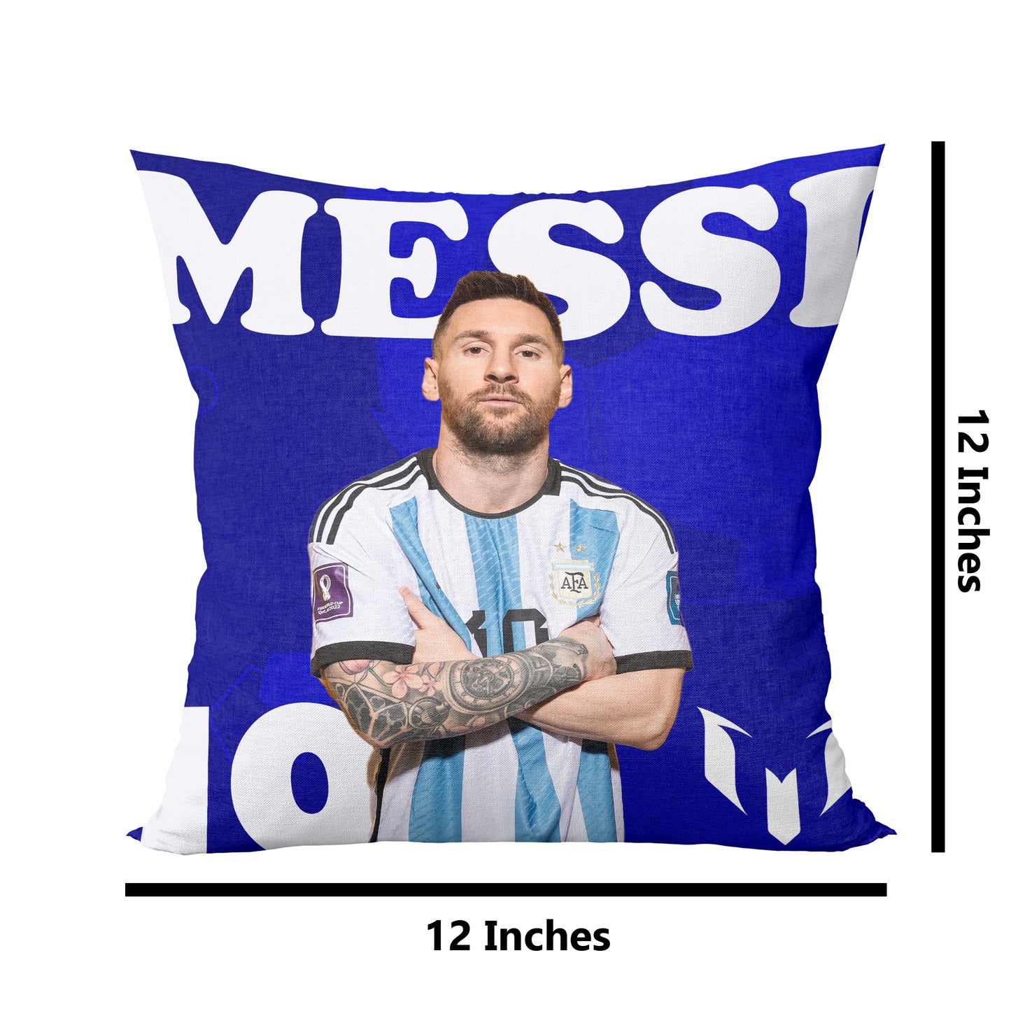 Unbounded Company Messi Simple Blue Printed Gift Set of Ceramic Mug (330 Ml) Bundled with Cushion Cover (12X12) with Filler and Keychain