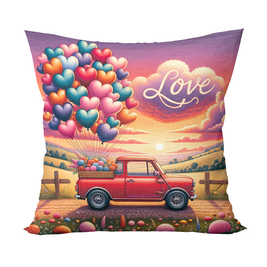 Unbounded Company Love In Red Truck Printed Cushions Cover With Filler (12x12 Inches)