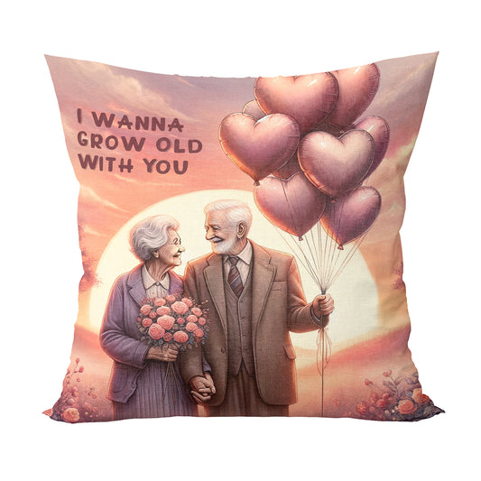 Unbounded Company I Wanna Grow Old with You Brown Printed Cushions Cover With Filler (12x12 Inches)