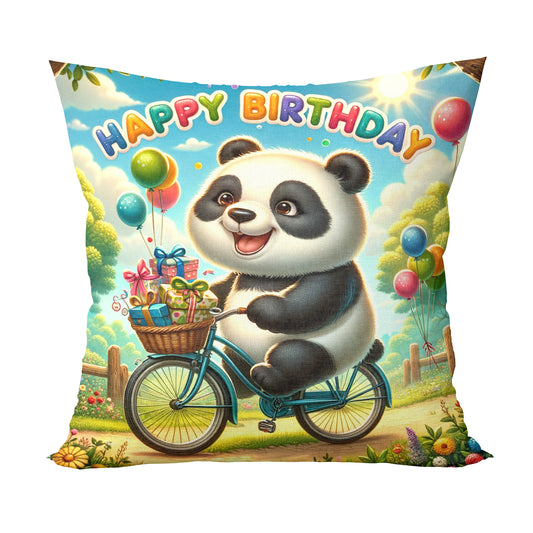 Unbounded Company Happy Birthday Panda On Cycle V2.0 Printed Cushions Cover With Filler (12x12 Inches)