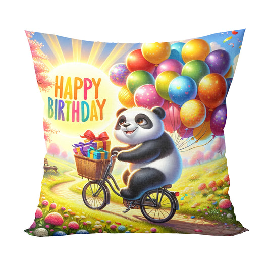 Unbounded Company Happy Birthday Panda On Cycle With Balloons Printed Cushions Cover With Filler (12x12 Inches)