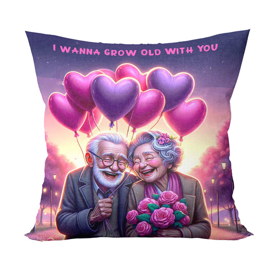 Unbounded Company I Wanna Grow Old with You Pink Printed Cushions Cover With Filler (12x12 Inches)