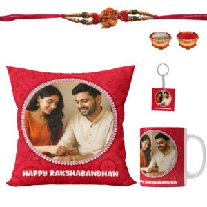 Customized Rakshabandhan Gift Set – Cushion, Mug, Keychain, Rakhi & Roli-Chawal Combo