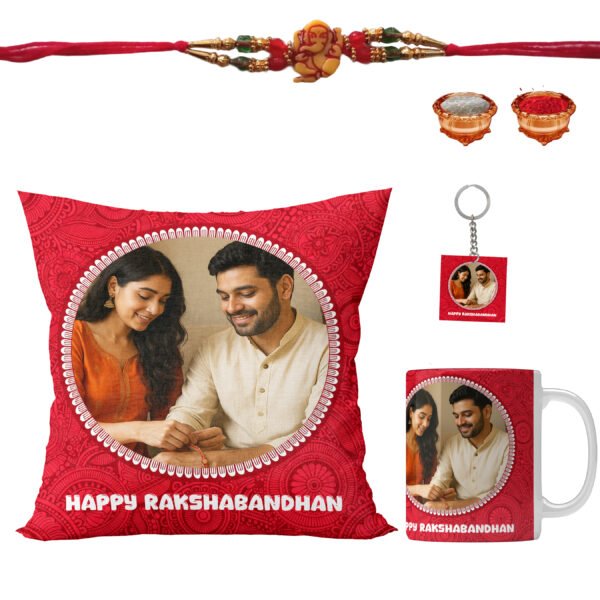 Customized Rakshabandhan Gift Set – Cushion, Mug, Keychain, Rakhi & Roli-Chawal Combo